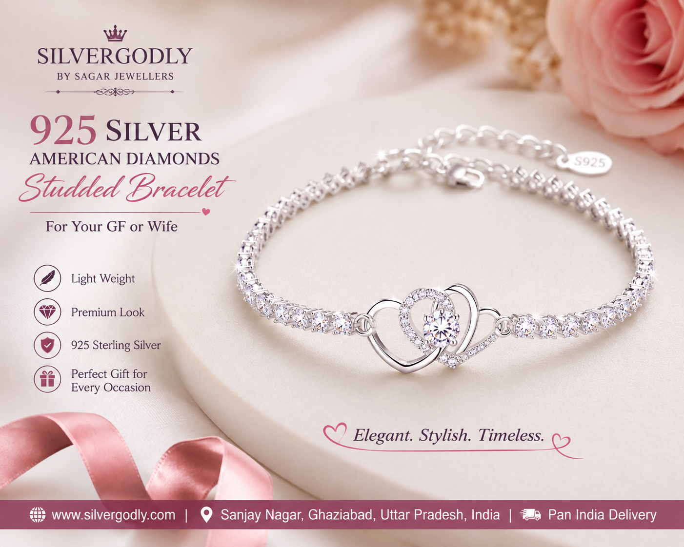 Silver American Diamonds Studded Bracelet